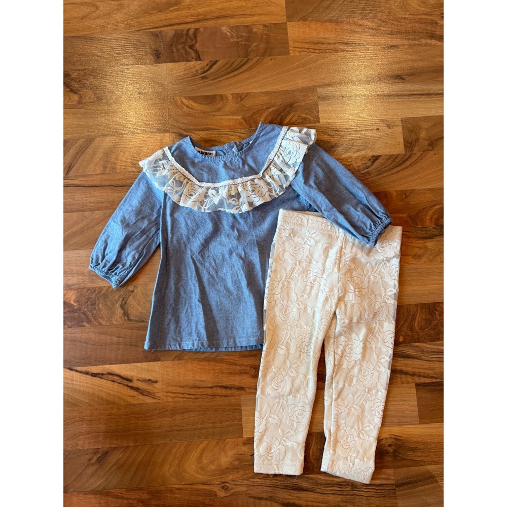 Blueberry‎ Boulevard Tunic and Leggings Set Kids 2T Blue denim Cream Lace Ruffle